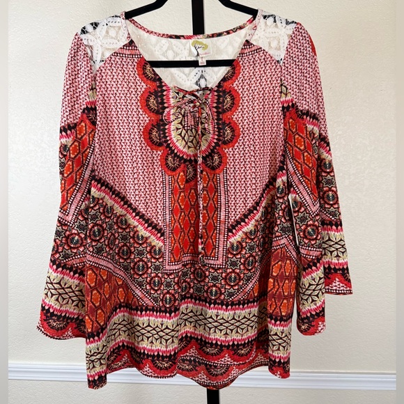 fig and flower Tops - Fig & Flower Large Bohemian Lace Trim Blouse Hippie Chic Festival Peasant Shirt